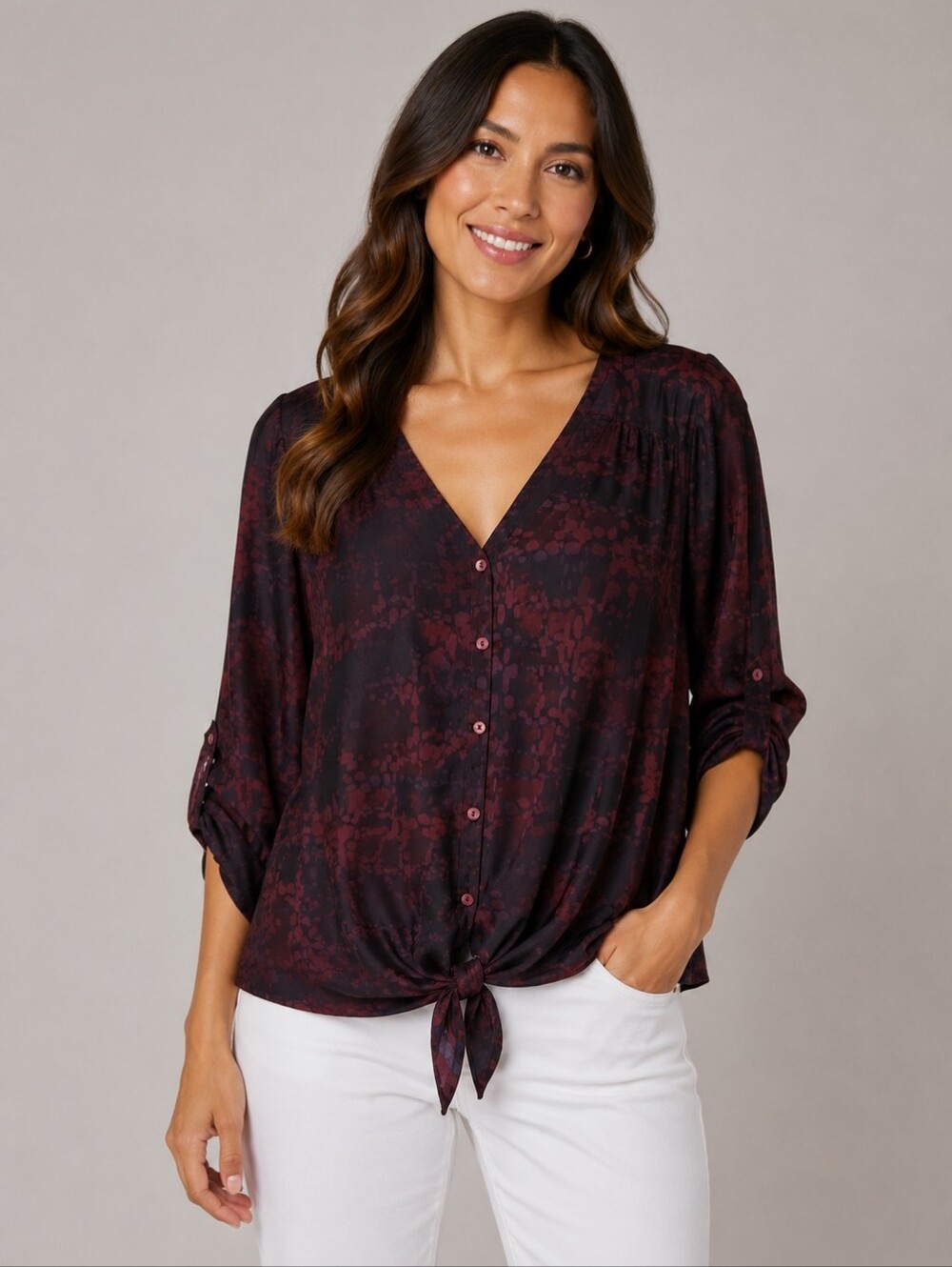 Verve Ami Women Black Red Pattern 3/4 Sleeve Blouse Tie Waist Button Down